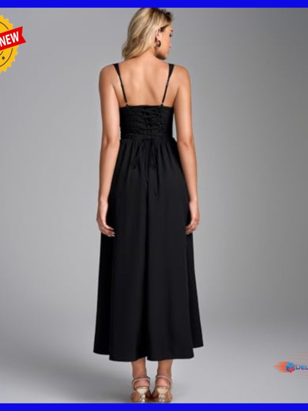 Corset Midi Dress Lace Up Back A-Line Flowy Formal Wedding Guest Sundress - Picture 3 of 6